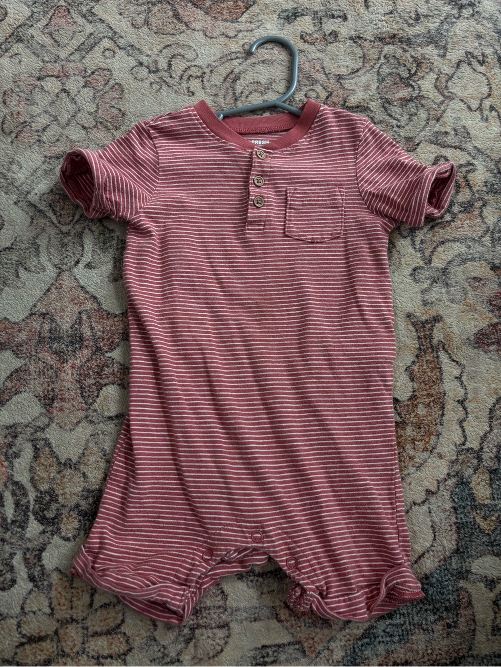 Joe Fresh Dusty Rose & White Striped Short-Sleeve Henley Romper 100% cotton